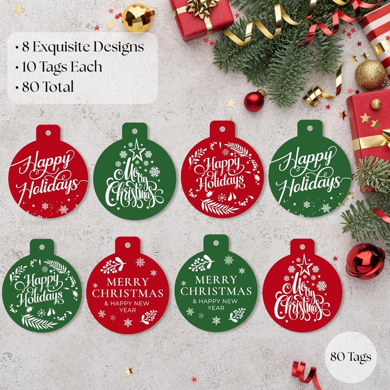 Paper Play Ornament-Shaped Christmas Gift Tags - 80 Round Holiday Tags with String, 8 Festive Designs - 350gsm Christmas Name Tags for Gifts - Image 5